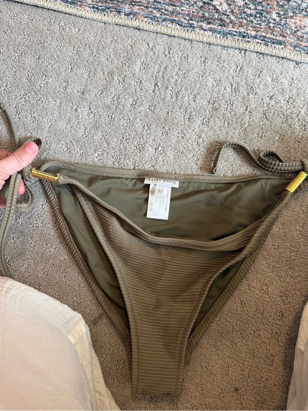 Heidi Klein olive green rib bikini with gold hardware. Bottom size L top size s